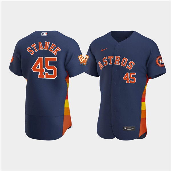 Men's Houston Astros #45 Ryne Stanek Navy 60th Anniversary Flex Base Stitched Baseball Jersey Men's Houston Astros #45 Ryne Stanek Navy 60th Anniversary Flex Base Stitched Baseball Jersey